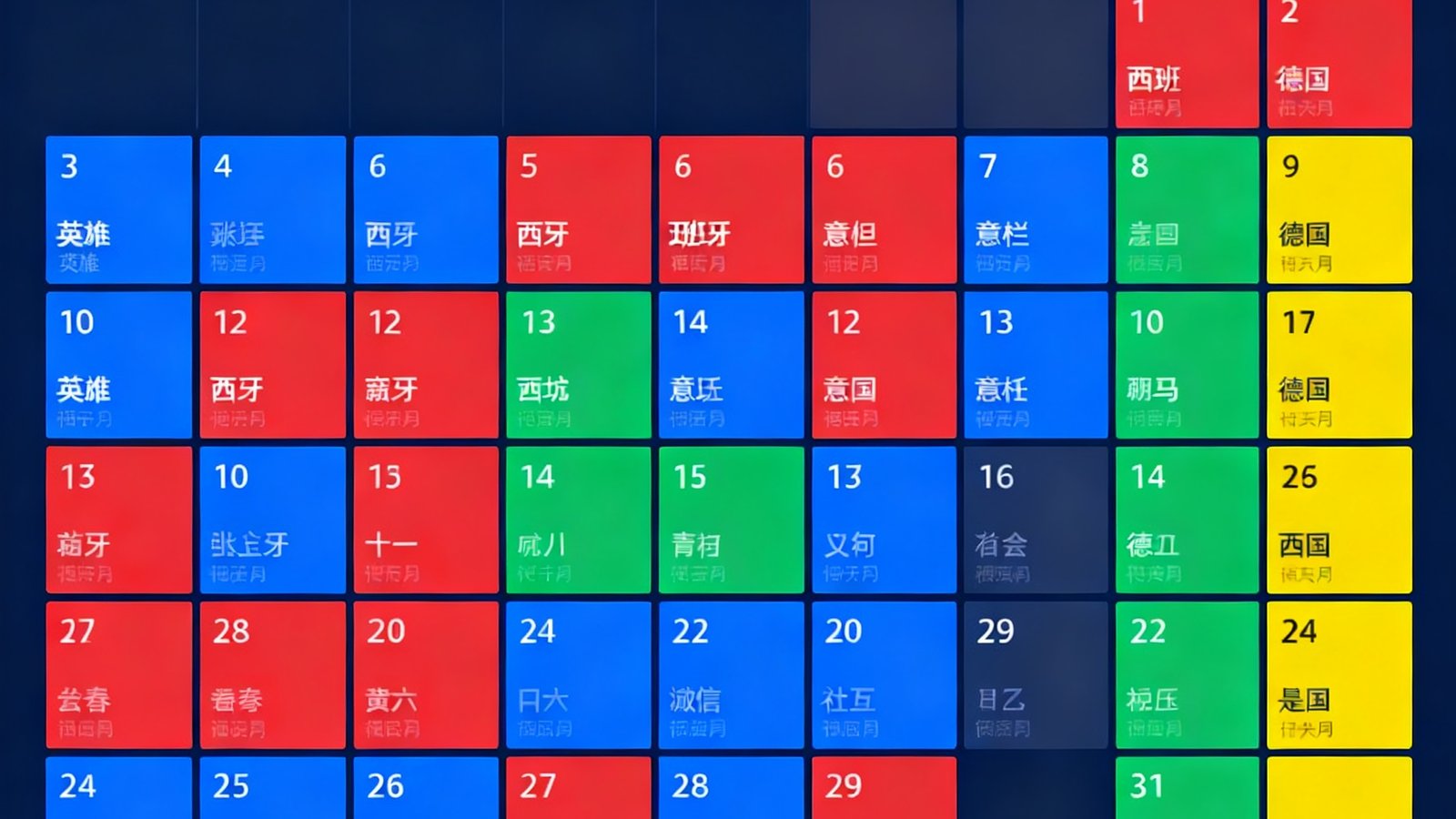 DS足球赛程日历界面展示，以月视图呈现7月密集赛事安排，不同联赛用不同颜色标注区分